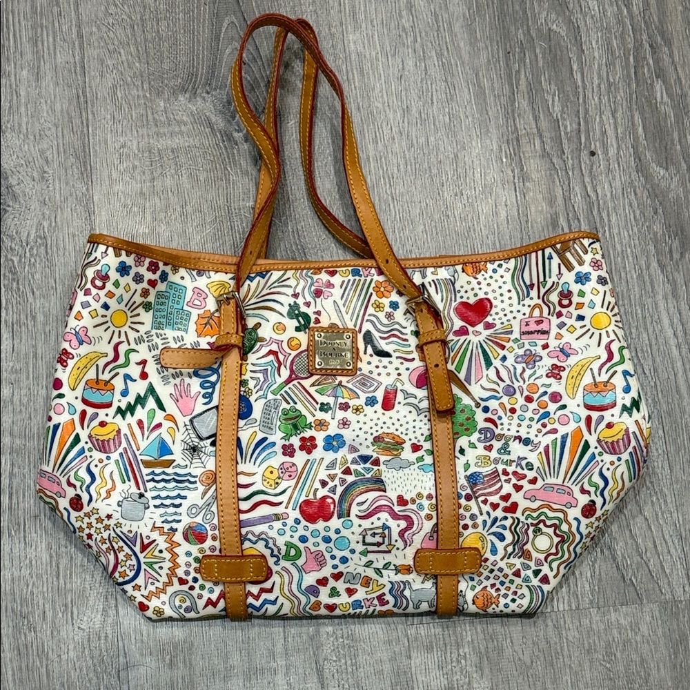 Dooney & Bourke Colorful Doodle Tote with Tan Trim